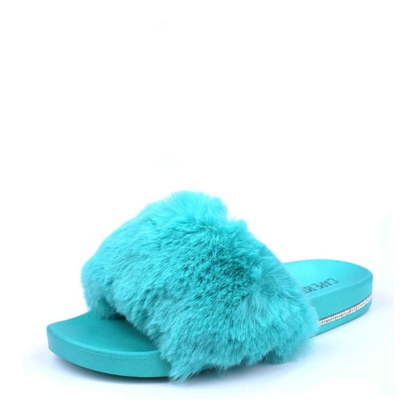 NEW๐ฅ Teal Faux Fur Rhinestone Slide Sandal Flip Flops Open Toe *FREE PAIR SHOE* - Picture 6 of 7